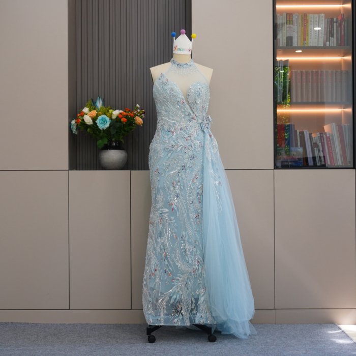 Luxury Dubai Blue O-Neck Sleeveless Evening Dresses Crystal Party Dresses Elegant Women Wedding Formal Party Gown MH06