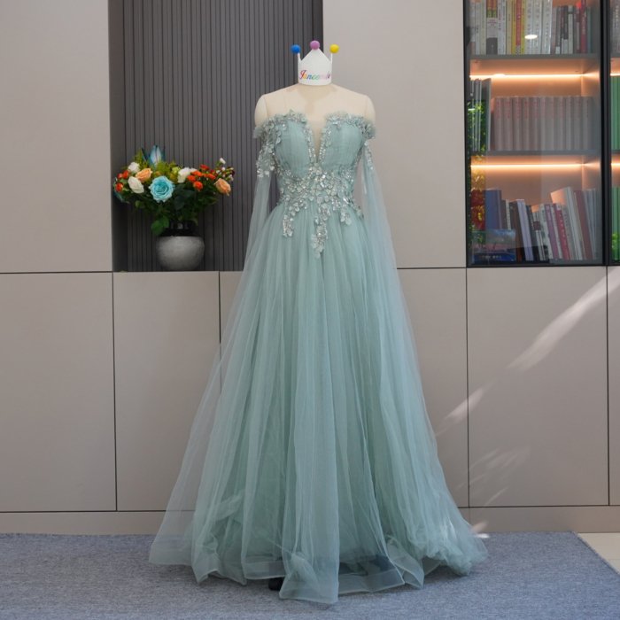 Luxury Dubai Green Evening Dresses Long Sleeves Strapless Crystal Elegant Women Wedding Formal Party Gown MH08