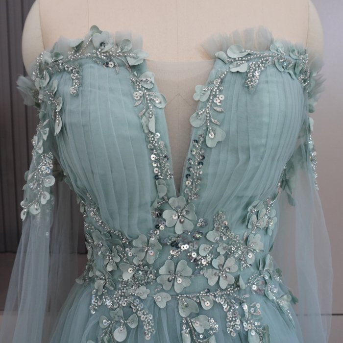 Luxury Dubai Green Evening Dresses Long Sleeves Strapless Crystal Elegant Women Wedding Formal Party Gown MH08 - Image 3