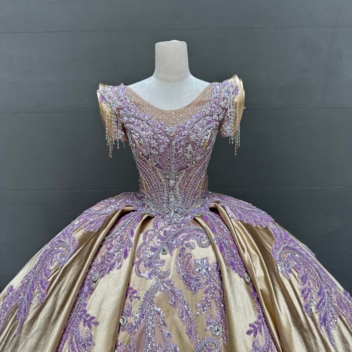 2025 Gold Purple Quinceanera Dress Sweet 15 Quinceañera Flowers Vestidos De 15 Años Sequined Beading Lace Evening Party Dress MW65 - Image 3