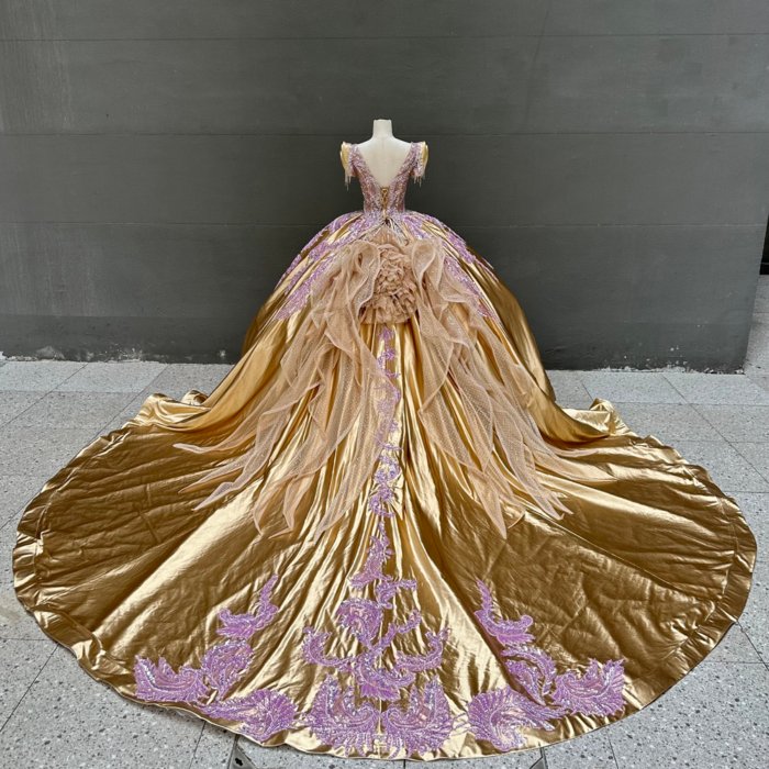 2025 Gold Purple Quinceanera Dress Sweet 15 Quinceañera Flowers Vestidos De 15 Años Sequined Beading Lace Evening Party Dress MW65 - Image 2