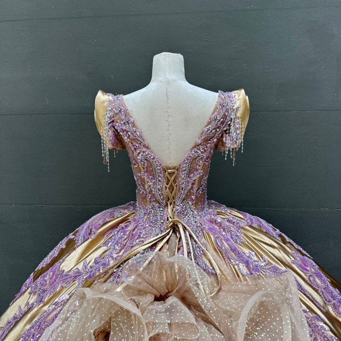 2025 Gold Purple Quinceanera Dress Sweet 15 Quinceañera Flowers Vestidos De 15 Años Sequined Beading Lace Evening Party Dress MW65 - Image 4