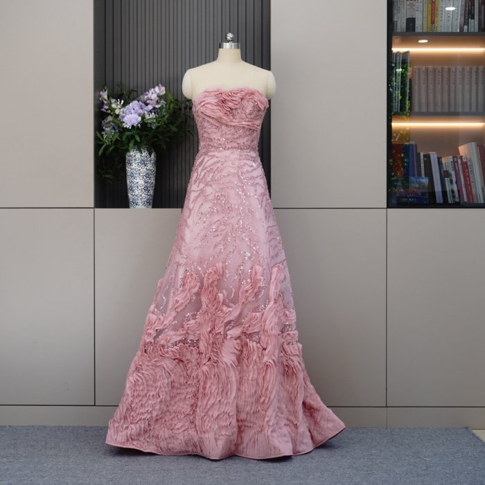 Luxury Dubai Pink Evening Dresses Rosa Crystal Elegant Women Wedding Formal Party Gown MH01