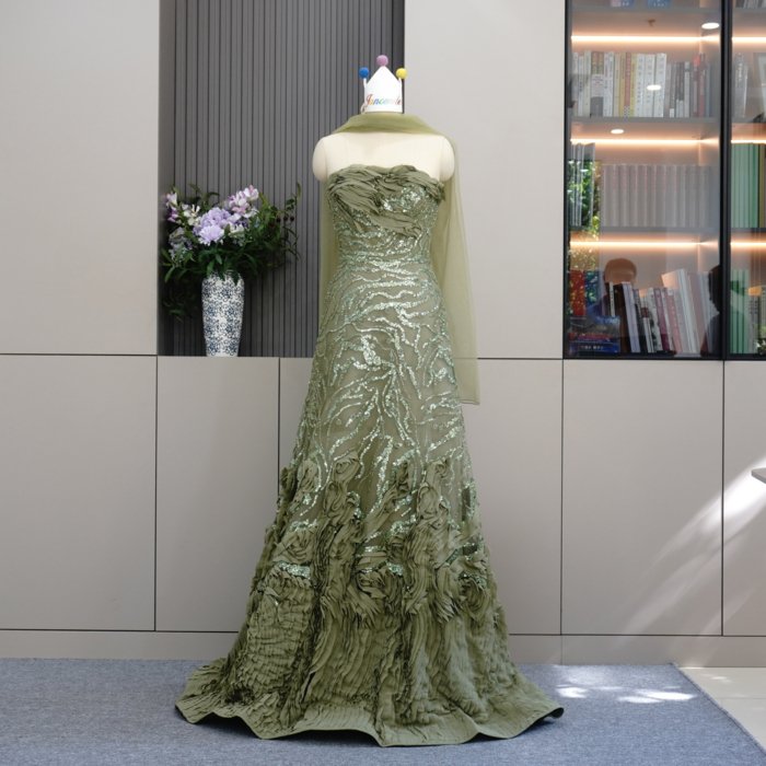 Luxury Dubai Sage Green Evening Dresses with Cape Crystal Elegant Women Wedding Formal Party Gown MH01