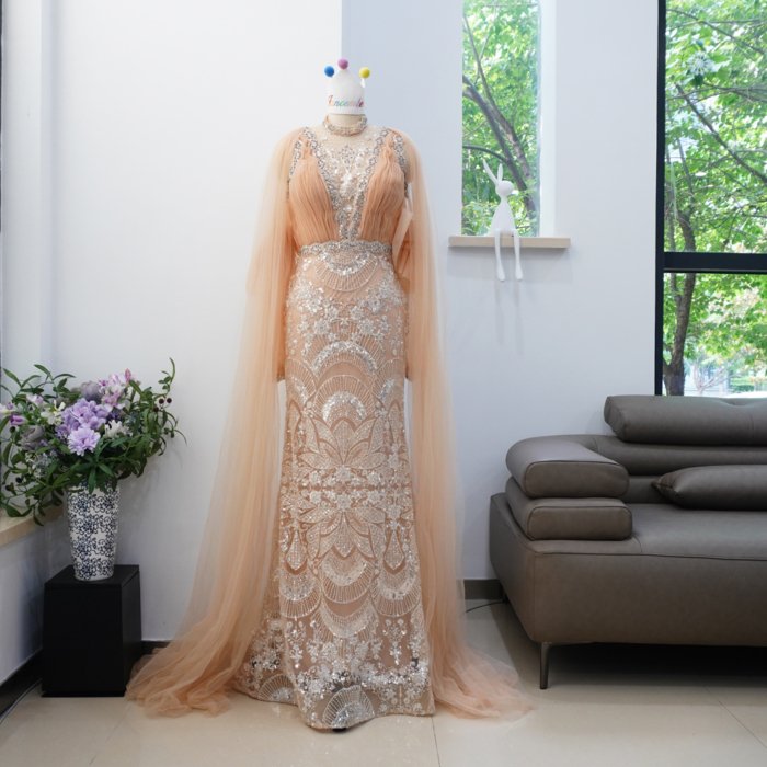 Luxury Dubai Orange Evening Dresses Long Sleeves Prom Dresses Crystal Elegant Women Wedding Formal Party Gown XN03