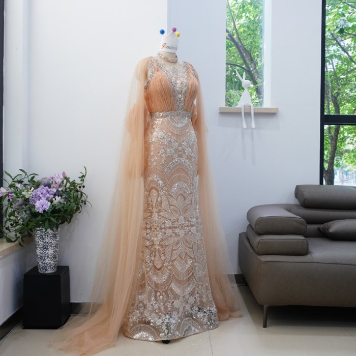 Luxury Dubai Orange Evening Dresses Long Sleeves Prom Dresses Crystal Elegant Women Wedding Formal Party Gown XN03 - Image 6