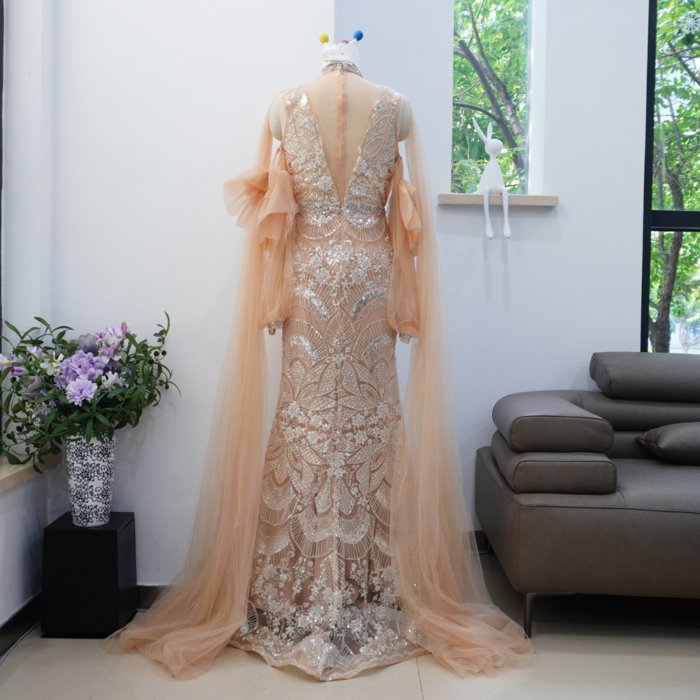 Luxury Dubai Orange Evening Dresses Long Sleeves Prom Dresses Crystal Elegant Women Wedding Formal Party Gown XN03 - Image 2