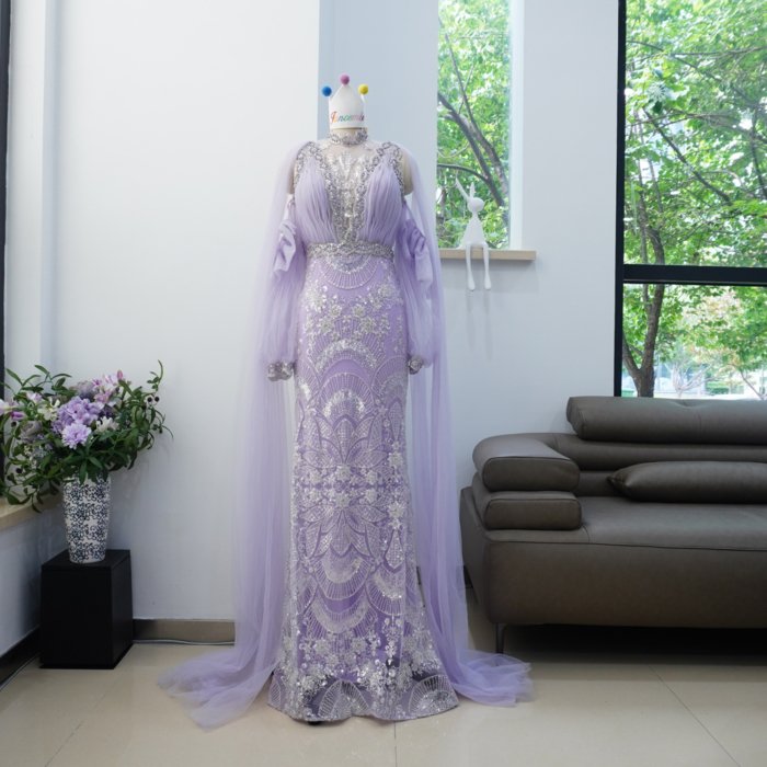 Luxury Dubai Lilac Evening Dresses Purple Prom Dresses High Neck Long Sleeves Crystal Elegant Women Wedding Formal Party Gown XN03