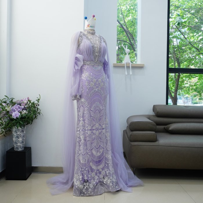 Luxury Dubai Lilac Evening Dresses Purple Prom Dresses High Neck Long Sleeves Crystal Elegant Women Wedding Formal Party Gown XN03 - Image 6