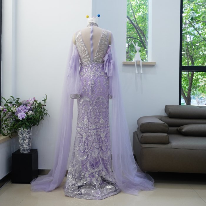 Luxury Dubai Lilac Evening Dresses Purple Prom Dresses High Neck Long Sleeves Crystal Elegant Women Wedding Formal Party Gown XN03 - Image 2