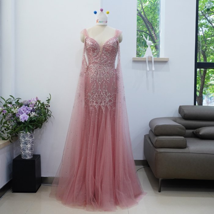 Luxury Dubai Pink Evening Dresses Crystal Elegant Women Wedding Formal Party Gown XN11