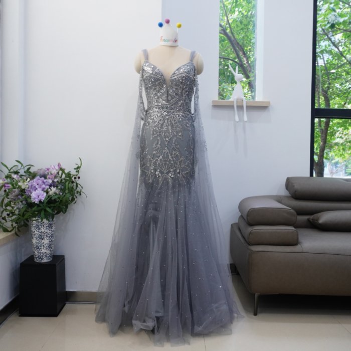 Luxury Dubai Gray Evening Dresses Crystal Elegant Prom Dresses Women Wedding Formal Party Gown XN11