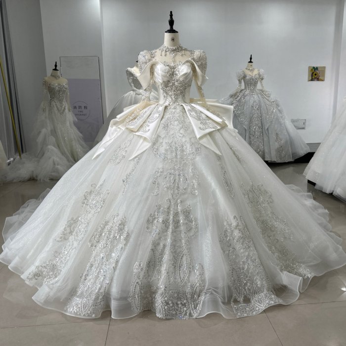 Jancember Luxury Sequins Ball Gown Wedding Dresses Long Sleeves O-neck Beaded Princess Bridal Gowns vestido de novia XS54 (Customer Link-70% Deposit)