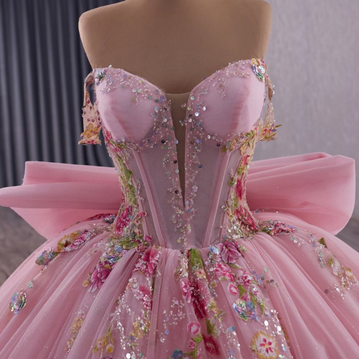 2025 Pink Quinceanera Dress Strapless Sweet 15 Quinceañera Flowers Vestidos De 15 Años Sequined Beading Lace Evening Party Dress 251082 - Image 3