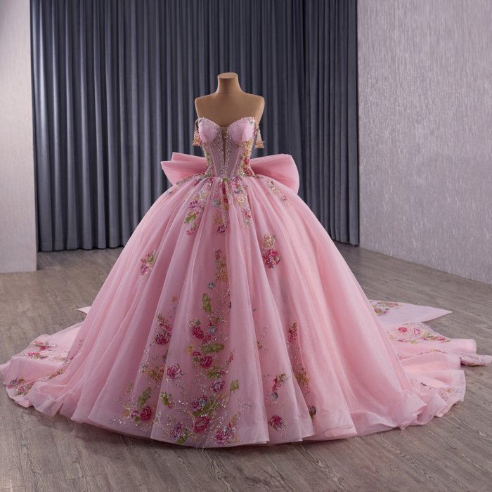 2025 Pink Quinceanera Dress Strapless Sweet 15 Quinceañera Flowers Vestidos De 15 Años Sequined Beading Lace Evening Party Dress 251082 - Image 5