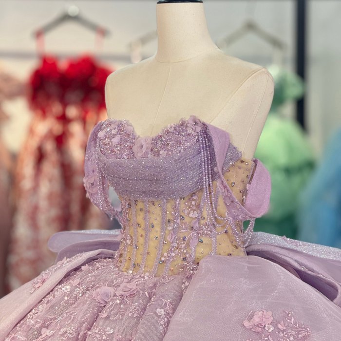 2025 Lilac Quinceanera Dress Off Shoulder Sweet 15 Quinceañera Flowers Vestidos De 15 Años Sequined Beading Lace Purple Evening Party Dress 5799 (Customer Link) - Image 3
