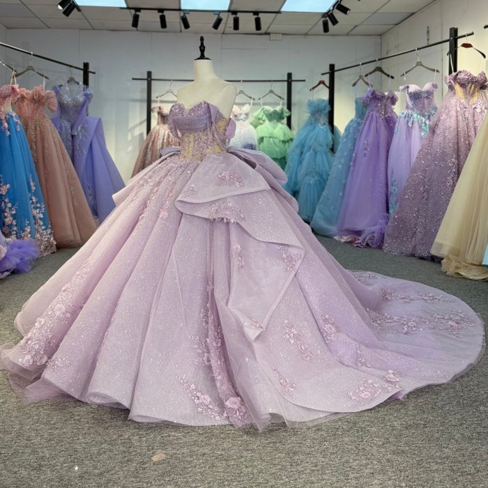 2025 Lilac Quinceanera Dress Off Shoulder Sweet 15 Quinceañera Flowers Vestidos De 15 Años Sequined Beading Lace Purple Evening Party Dress 5799 (Customer Link) - Image 5