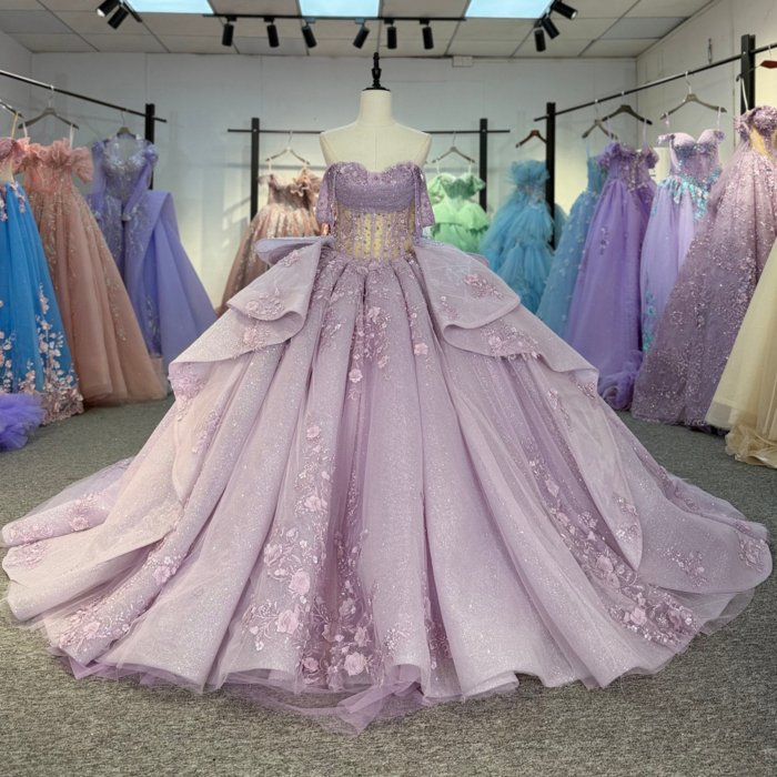 2025 Lilac Quinceanera Dress Off Shoulder Sweet 15 Quinceañera Flowers Vestidos De 15 Años Sequined Beading Lace Purple Evening Party Dress 5799 (Customer Link)