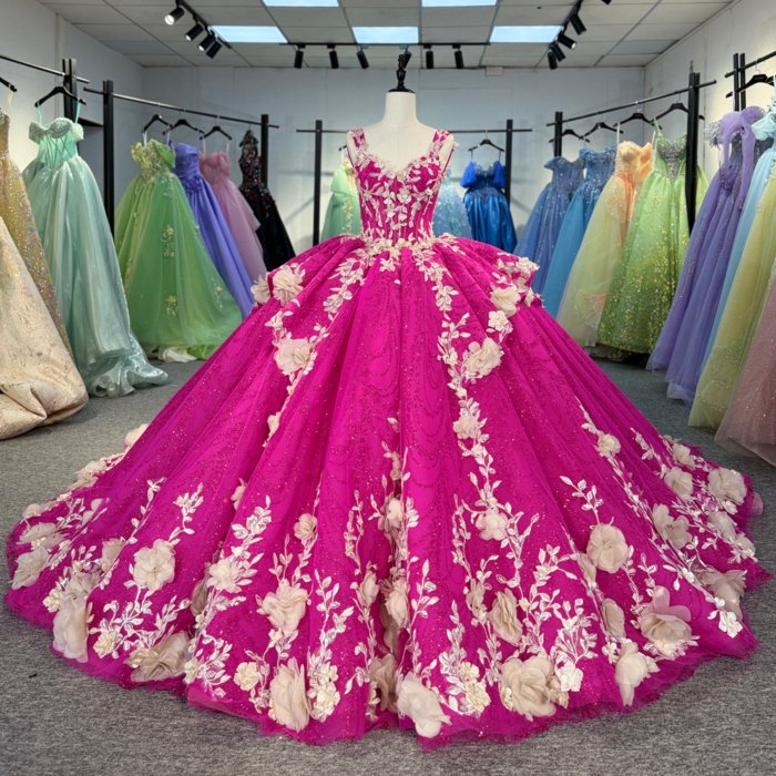2025 Pink Quinceanera Dress Sweet 15 Quinceañera Flowers Vestidos De 15 Años Sequined Beading Lace Evening Party Dress 5925