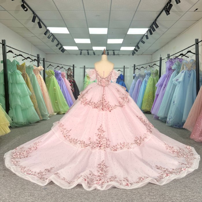 2025 Light Pink Quinceanera Dress Sweet 15 Quinceañera Flowers Off Shoulder Vestidos De 15 Años Sequined Beading Lace Evening Party Dress 5931 - Image 2