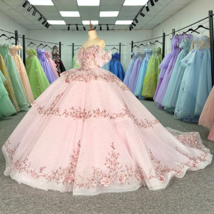 2025 Light Pink Quinceanera Dress Sweet 15 Quinceañera Flowers Off Shoulder Vestidos De 15 Años Sequined Beading Lace Evening Party Dress 5931 - Image 5