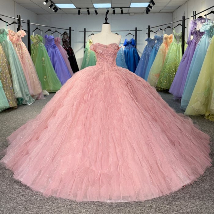 2025 Pink Quinceanera Dress Sweet 15 Strapless Quinceañera Flowers Vestidos De 15 Años Sequined Beading Lace Evening Party Dress 6845
