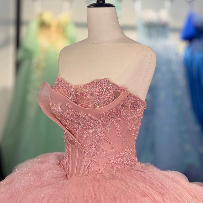 2025 Pink Quinceanera Dress Sweet 15 Strapless Quinceañera Flowers Vestidos De 15 Años Sequined Beading Lace Evening Party Dress 6845 - Image 3