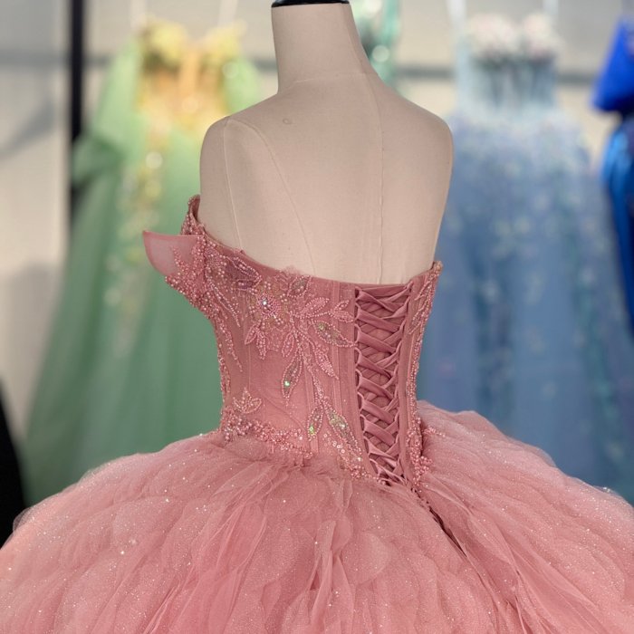 2025 Pink Quinceanera Dress Sweet 15 Strapless Quinceañera Flowers Vestidos De 15 Años Sequined Beading Lace Evening Party Dress 6845 - Image 4