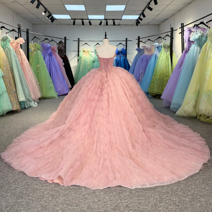 2025 Pink Quinceanera Dress Sweet 15 Strapless Quinceañera Flowers Vestidos De 15 Años Sequined Beading Lace Evening Party Dress 6845 - Image 2