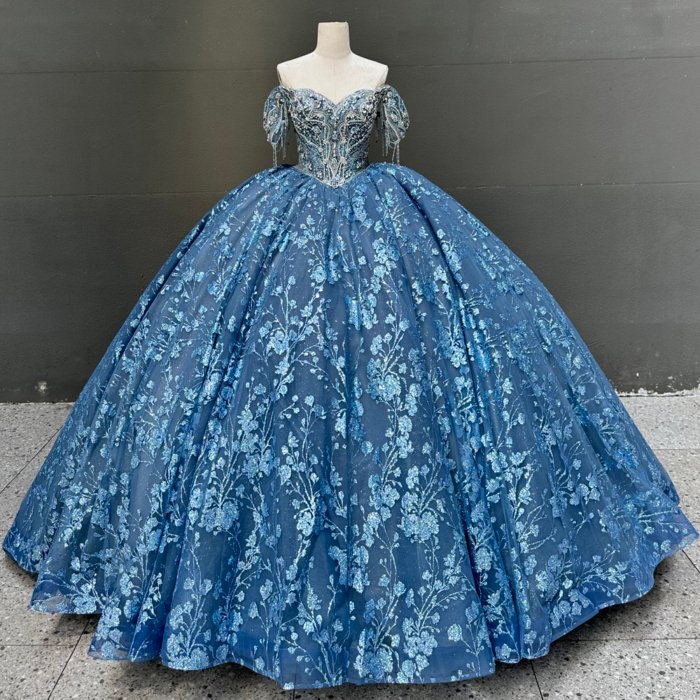 2025 Dark Blue Off Shoulder Quinceanera Dress Sweet 15 Quinceañera Flowers Vestidos De 15 Años Sequined Beading Lace Evening Party Dress MW73