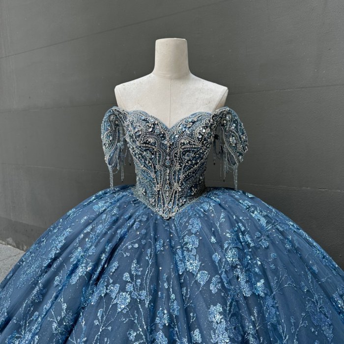 2025 Dark Blue Off Shoulder Quinceanera Dress Sweet 15 Quinceañera Flowers Vestidos De 15 Años Sequined Beading Lace Evening Party Dress MW73 - Image 3