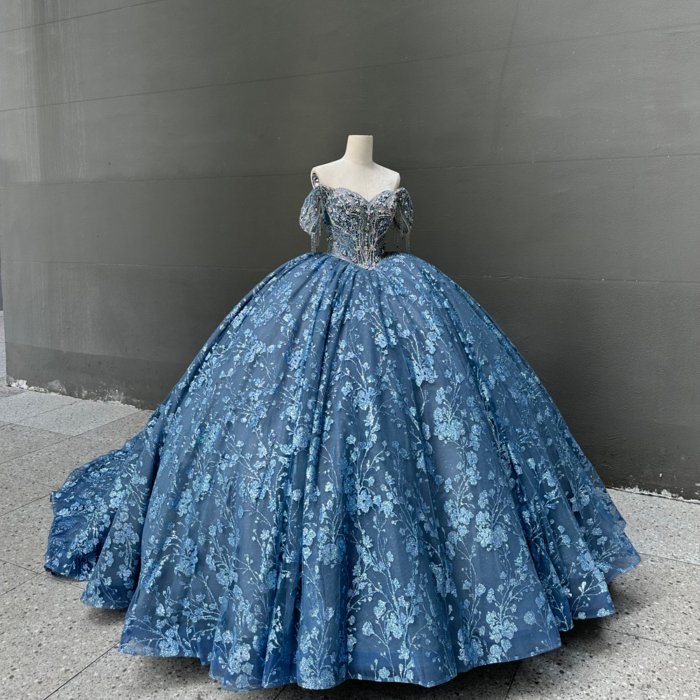 2025 Dark Blue Off Shoulder Quinceanera Dress Sweet 15 Quinceañera Flowers Vestidos De 15 Años Sequined Beading Lace Evening Party Dress MW73 - Image 6