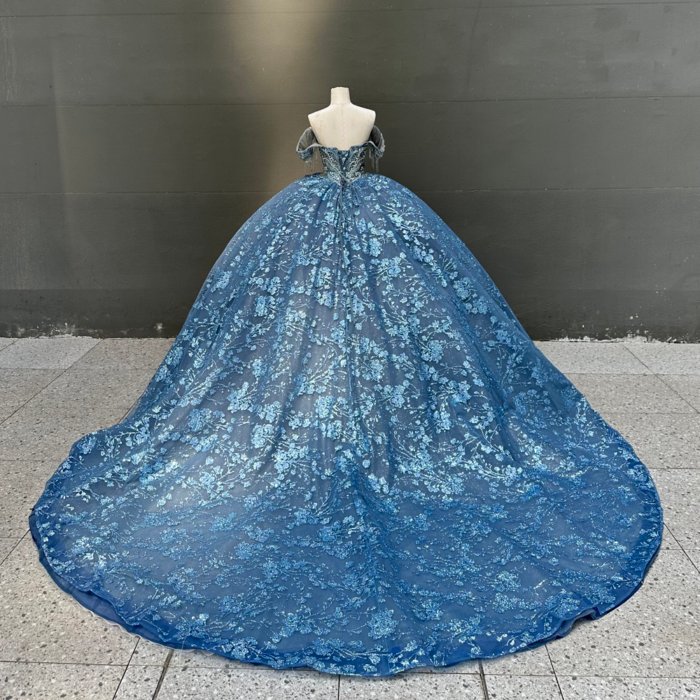 2025 Dark Blue Off Shoulder Quinceanera Dress Sweet 15 Quinceañera Flowers Vestidos De 15 Años Sequined Beading Lace Evening Party Dress MW73 - Image 2