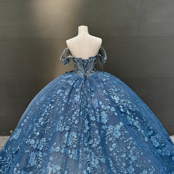 2025 Dark Blue Off Shoulder Quinceanera Dress Sweet 15 Quinceañera Flowers Vestidos De 15 Años Sequined Beading Lace Evening Party Dress MW73 - Image 4