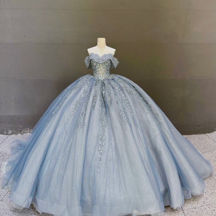 2025 Blue Quinceanera Dress Sweet 15 Quinceañera Flowers Vestidos De 15 Años Sequined Beading Lace Evening Party Dress MW75