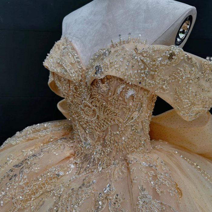 2025 Gold Quinceanera Dress Sweet 15 Quinceañera Flowers Vestidos De 15 Años Sequined Beading Lace Evening Party Dress MW76 - Image 4