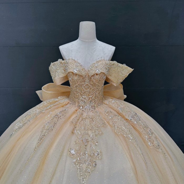 2025 Gold Quinceanera Dress Sweet 15 Quinceañera Flowers Vestidos De 15 Años Sequined Beading Lace Evening Party Dress MW76 - Image 6