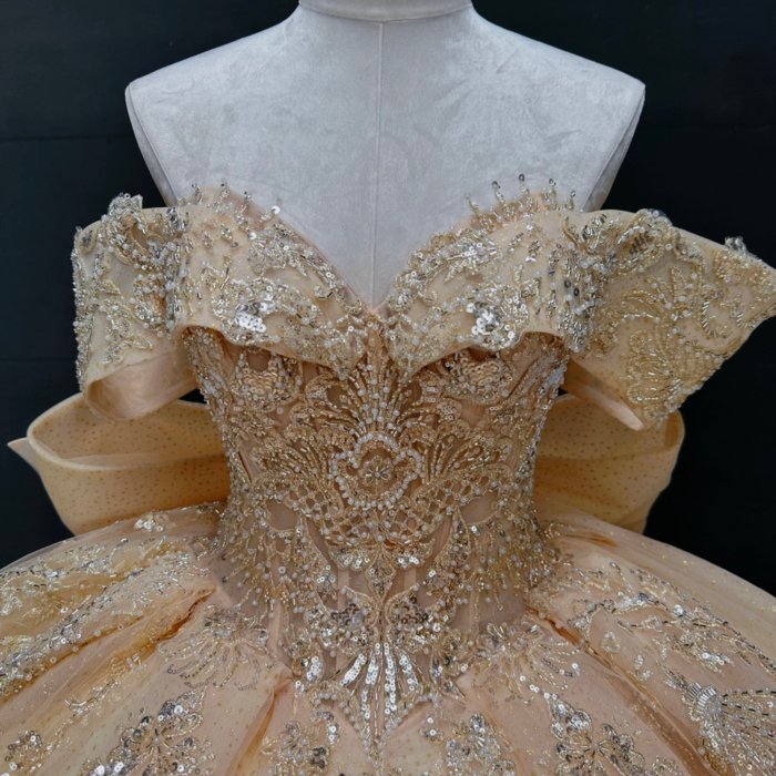 2025 Gold Quinceanera Dress Sweet 15 Quinceañera Flowers Vestidos De 15 Años Sequined Beading Lace Evening Party Dress MW76 - Image 3