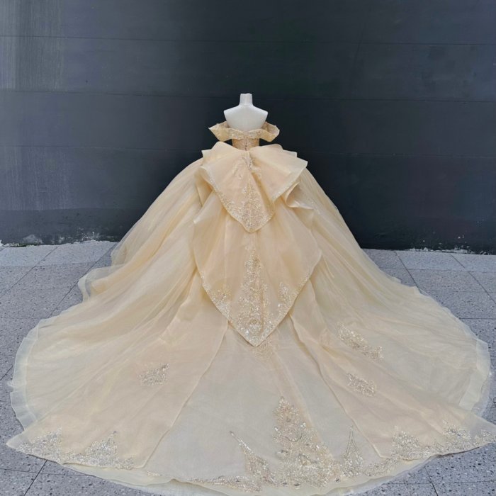 2025 Gold Quinceanera Dress Sweet 15 Quinceañera Flowers Vestidos De 15 Años Sequined Beading Lace Evening Party Dress MW76 - Image 2