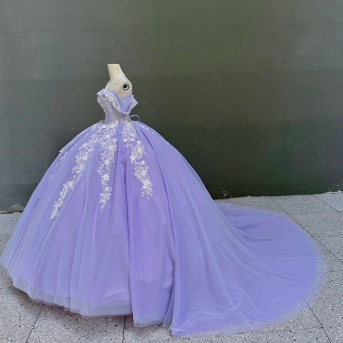 2025 Lilac Quinceanera Dress Sweet 15 Quinceañera Flowers Vestidos De 15 Años Sequined Beading Lace Purple Off Shoulder Evening Party Dress MW77 - Image 6