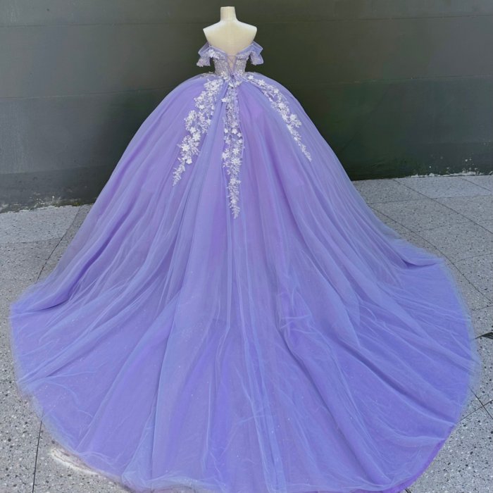 2025 Lilac Quinceanera Dress Sweet 15 Quinceañera Flowers Vestidos De 15 Años Sequined Beading Lace Purple Off Shoulder Evening Party Dress MW77 - Image 2