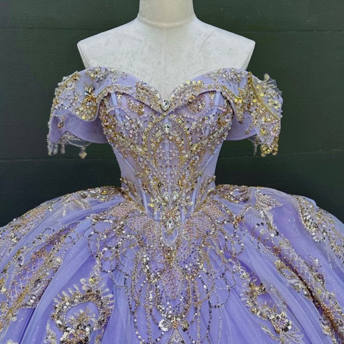 2025 Lilac Gold Quinceanera Dress Sweet 15 Purple Quinceañera Flowers Vestidos De 15 Años Sequined Beading Lace Evening Party Dress MW78 - Image 3