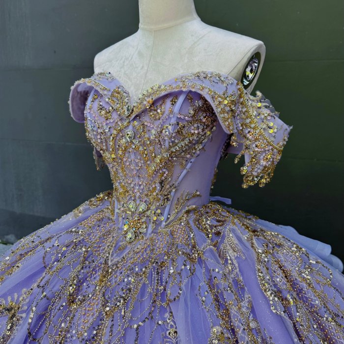 2025 Lilac Gold Quinceanera Dress Sweet 15 Purple Quinceañera Flowers Vestidos De 15 Años Sequined Beading Lace Evening Party Dress MW78 - Image 5