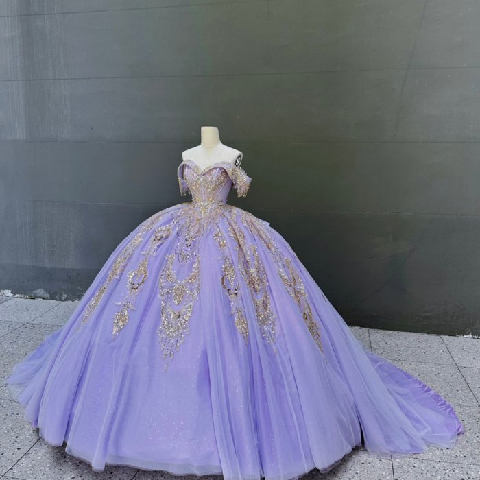 2025 Lilac Gold Quinceanera Dress Sweet 15 Purple Quinceañera Flowers Vestidos De 15 Años Sequined Beading Lace Evening Party Dress MW78 - Image 6
