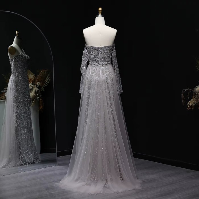 Luxury Gray Evening Dresses with Cape Fuchsia Crystal Gold Elegant Women Wedding Formal Party Gown (Customer Link) - Image 5
