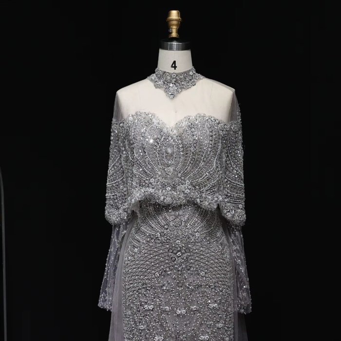 Luxury Gray Evening Dresses with Cape Fuchsia Crystal Gold Elegant Women Wedding Formal Party Gown (Customer Link) - Image 3