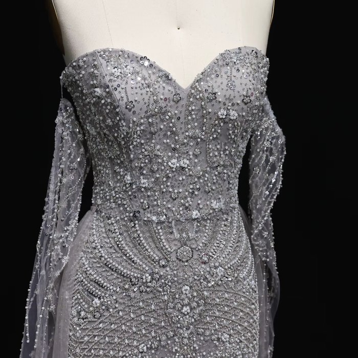 Luxury Gray Evening Dresses with Cape Fuchsia Crystal Gold Elegant Women Wedding Formal Party Gown (Customer Link) - Image 4
