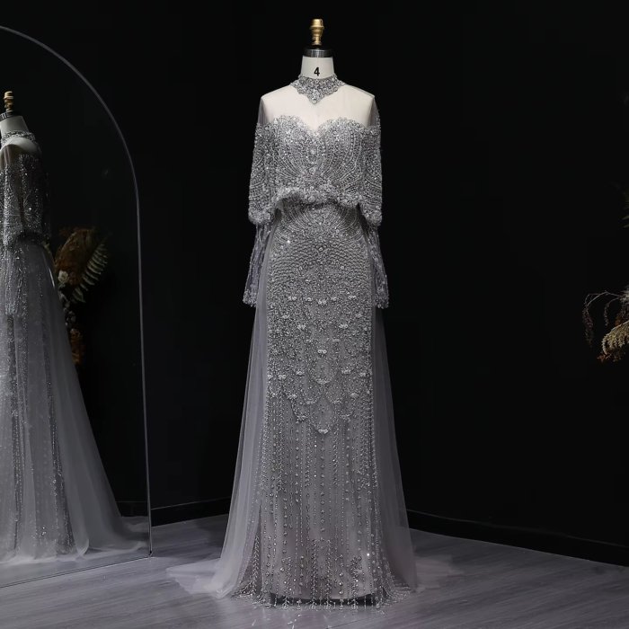 Luxury Gray Evening Dresses with Cape Fuchsia Crystal Gold Elegant Women Wedding Formal Party Gown (Customer Link)