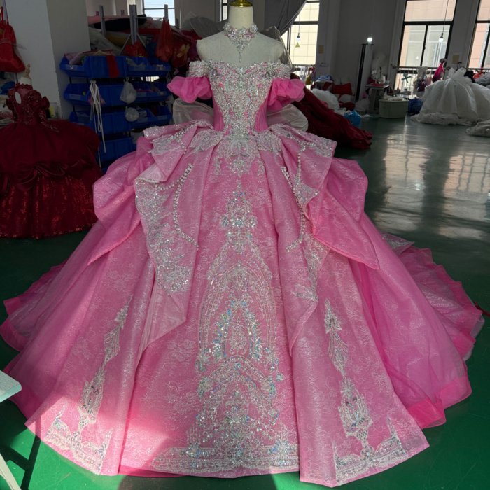 2025 Pink Quinceanera Dress Sweet 15 Quinceañera Flowers Vestidos De 15 Años Sequined Beading Lace Evening Party Dress  XXZ28