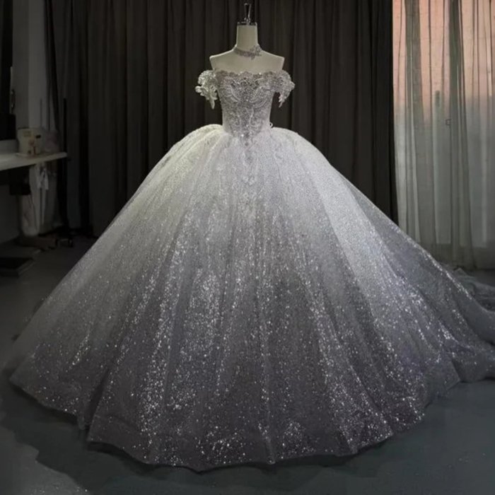 2025 Glitter Grey Wedding Dress Elegant Bridal Gown Vestidos De Novias Sequined Beading Evening Party Dress OY12